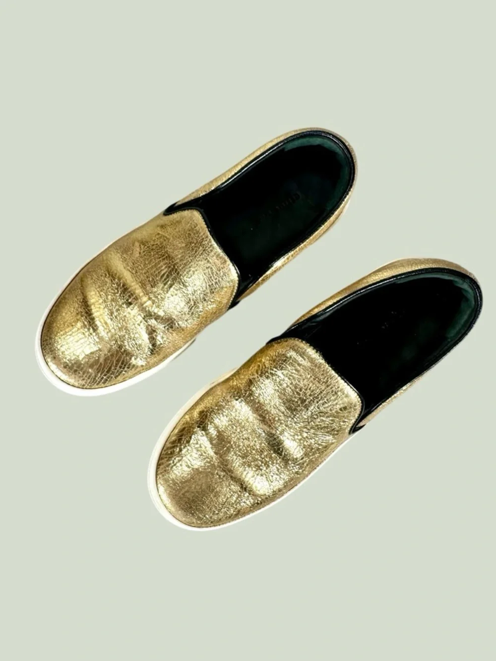 Celine Women’s Phoebe Philo Gold Metallic Crackle Leather Slip-On Sneakers - Picture 3 of 10
